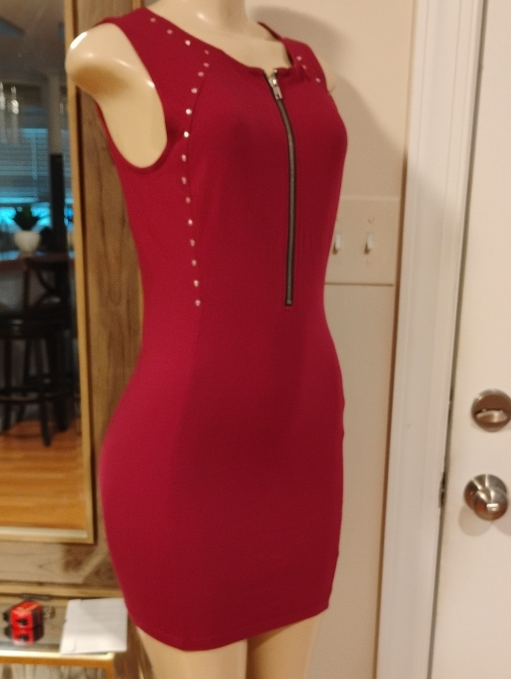 Divided Burgundy Sleeveless Zip-Front Mini Dress with Stud Detail Size 8